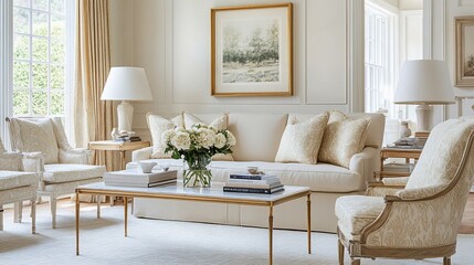 Elegant Living Room with Cream Furniture Gold Accents and Artwork Display