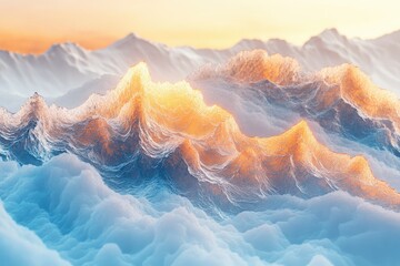 Golden sunlight illuminates a surreal, textured landscape of blue and orange mountains bathed in ethereal light.