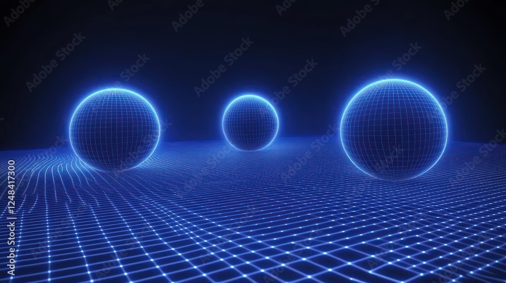 Aufkleber three wireframe spheres resting on a gridded plane