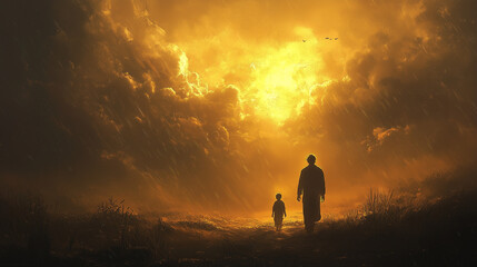 A heartbroken but hopeful father watches his son return home from a distant land, walking towards him with humility and repentance. The golden light in the sky symbolizes forgiveness and second chance