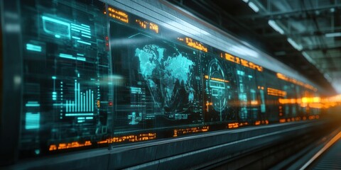 Velocity tracking technology visualized in a digital train monitoring system on high-tech railway control room