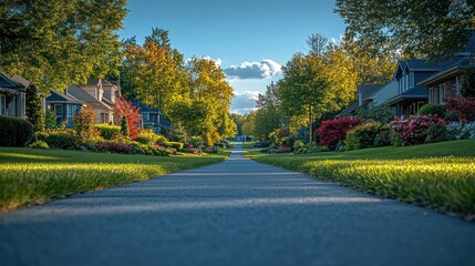 Fototapeta premium Serene Suburban Street, Idyllic Neighborhood Landscape