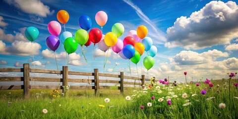Joyful Celebration Colorful Balloons Floating Over a Rustic Fence in a Sun-Drenched Meadow