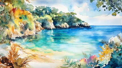 Watercolor painting of a serene beach with turquoise water and rocky cliffs covered in vegetation