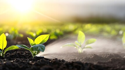 Young Plants Sprinkled at Sunrise
