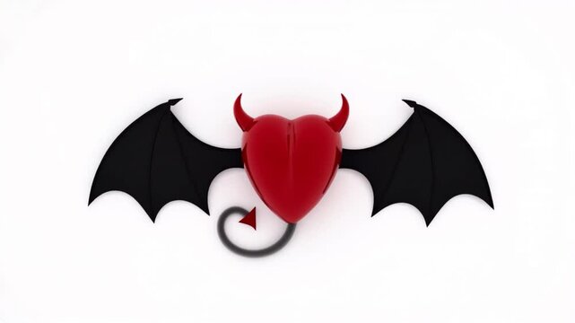 A heart with devil horns and devil tails flapping its black wings white background