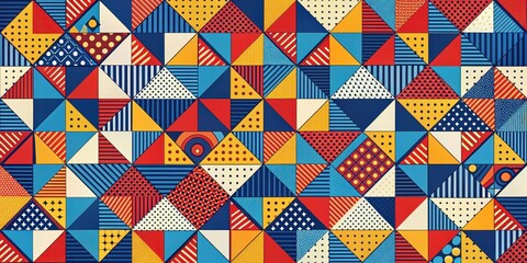 Vibrant Geometric Textile Design Featuring Triangles and Bold Patterns in a Multicolored Array