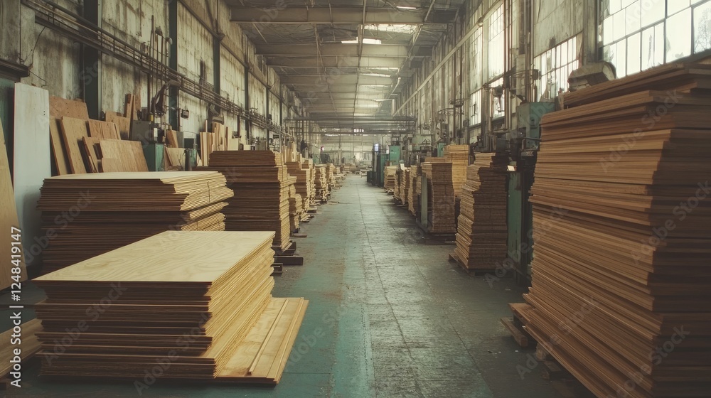 Aufkleber stacks of plywood sheets inside a large factory building
