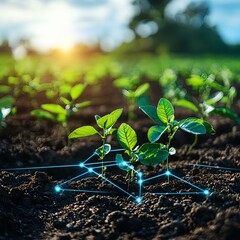 Young Soybean Plants Growing in Rich Soil with Digital Network Overlay