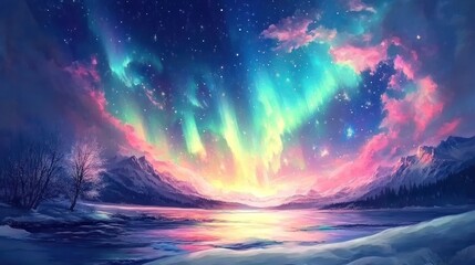 Fototapeta premium Magical Aurora Borealis Over Winter Wonderland Landscape