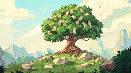 A cartoon illustration of a tree bearing money instead of fruit in a scenic landscape