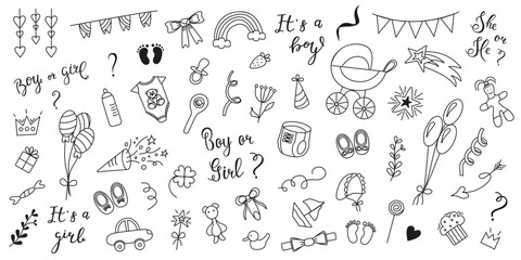 Baby Gender Reveal Party Set in Doodle Style. Boy or Girl. Vector Illustration.