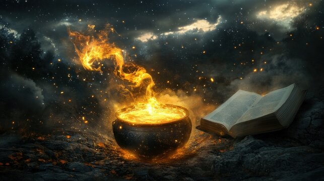 Fiery Cauldron Brew Night Sky Ancient Book Magic