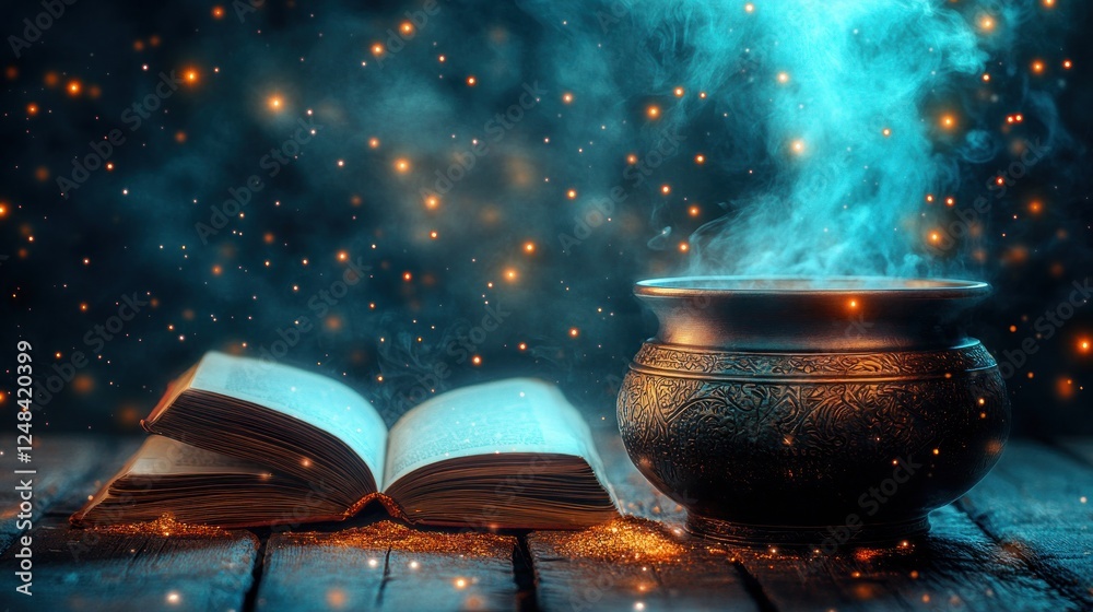 Aufkleber mystical cauldron and open book with glowing embers