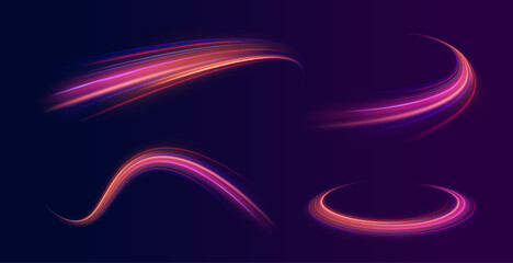 Neon stripes in the form of drill, turns and swirl. Speed of light concept background. Abstract background rotational border lines, png, effect, wave,neon,line. 