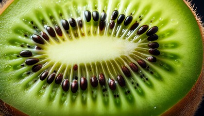 An extreme close-up of freshly sliced kiwi, revealing its juicy texture and intricate seed patterns, highlighting the vibrant green flesh and the refreshing appeal of the fruit.