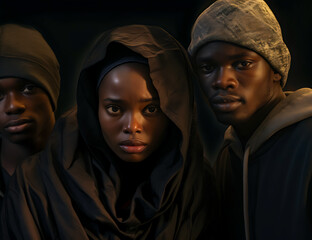 Fototapeta premium A close-up captures a group of solemn-faced african men, in a dimly lit, gritty environment. Their expressions suggest hardship or concern. Black History Month