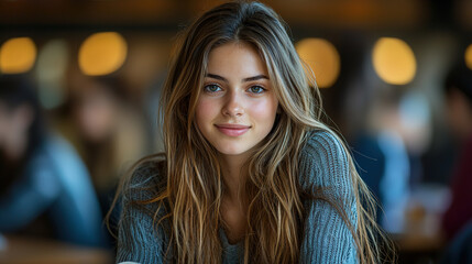 Obraz premium Young woman with long hair smiles warmly while seated in a lively café during a casual afternoon gathering with friends. Generative AI