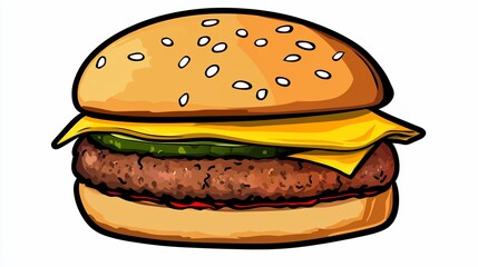 Cartoon style image of a hamburger with sesame seed bun cheese pickle and patty