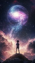 Naklejka premium Child gazing at cosmic sphere