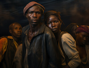 A close-up captures a group of solemn-faced african men, in a dimly lit, gritty environment. Their expressions suggest hardship or concern. Black History Month