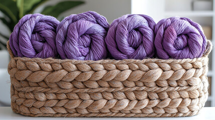 Soft purple yarn rolls neatly arranged in a woven basket on a table with greenery in the background. Generative AI