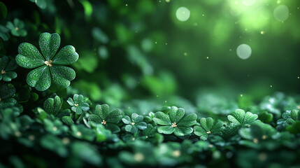 Celebrate St. Patrick's Day surrounded by lush green clovers amidst a vibrant, enchanting natural setting filled with spring light