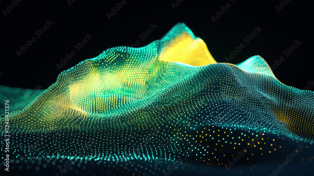 Wall mural data technology abstract futuristic green and yellow low poly shape glowing wire mesh surface on dar