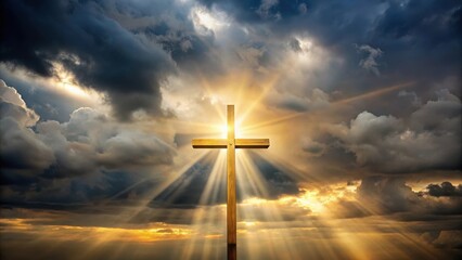 Fototapeta premium Illuminated Cross in a Dramatic Cloudy Sky, a Symbol of Hope and Faith