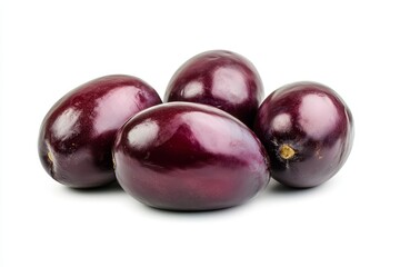 Obraz premium Four glossy dark purple eggplants isolated on white background.