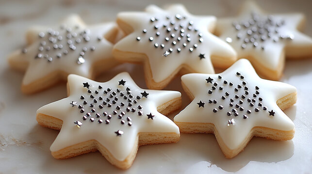 Decorative star-shaped cookies with white icing and silver sprinkles arranged on a light surface. Generative AI - Powered by Adobe
