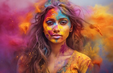 Obraz premium Portrait of beautiful girl face covered in colorful powder