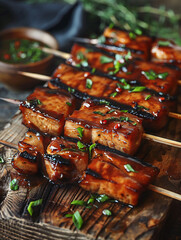 Grilled Pork Skewers with Dipping Sauce Juicy grilled pork skewers served on a rustic wooden board, accompanied by a small bowl of spicy dipping sauce.