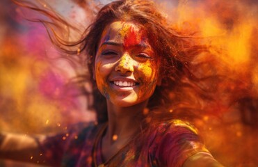 Obraz premium Portrait of beautiful girl face covered in colorful powder