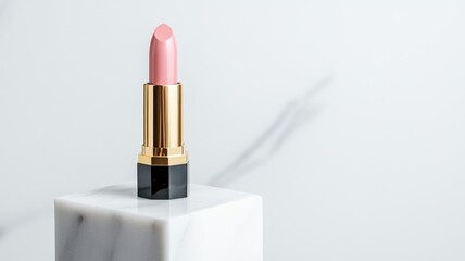 Pink lipstick on marble block with shadow