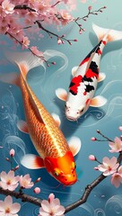 Painting of two koi fish swimming gracefully among blooming cherry blossoms on a soft pastel blue background. One fish is bright orange with golden scales, the other is a mix of white, red, and black.