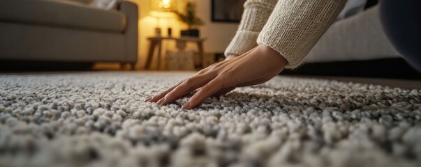 Hand gently touching soft white carpet in bedroom