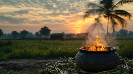 Traditional Pongal festival boiling scene at sunrise tamil nadu cooking rural scenic cultural celebration