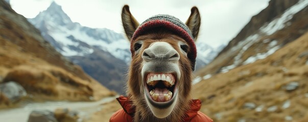 Smiling donkey wearing hat in snowy mountain landscape.