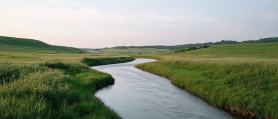 Obraz premium A tranquil river meanders through lush green fields under a soft sky, evoking serenity and the gentle beauty of untouched landscapes.