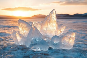 Stunning ice formations glow at sunset on a frozen lake, showcasing nature's icy artistry.