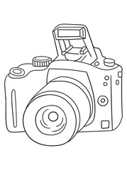 Detailed black and white camera illustration for coloring books. Perfect for kids and adults who love photography. Printable, high-resolution vector art.