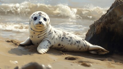 A realistic seal resting on a beach rock, sandy background, detailed textures on fur and skin