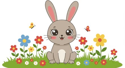 Fototapeta premium Cute Cartoon Bunny Illustration with Colorful Flowers and Butterflies in a Spring Garden Setting