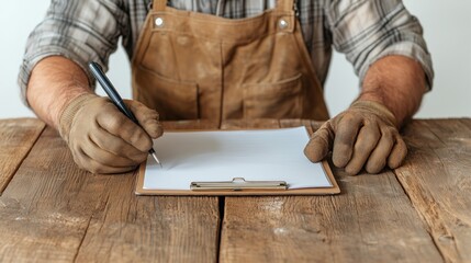 skilled craftsperson wearing gloves and an apron jotts down important details on a clipboard. rustic wooden table adds to the workshop atmosphere, highlighting creativity and attention