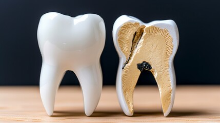 World Oral Health Day. Comparison of a healthy tooth and a decayed tooth in a dental model.