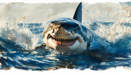 A watercolor painting of a great white shark emerging from the ocean, soft brush strokes, blue and gray tones, white background