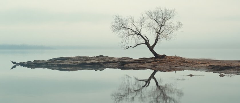A lone tree stands defiantly on barren land, its reflection mirrored in the stillness of the water, under overcast skies.