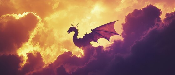 Obraz premium A dragon's silhouette soars through vibrant sunset clouds, evoking fantasy and awe in a mythical sky scene.