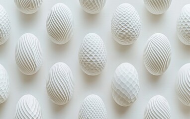Minimalist geometric Easter egg patterns subtly embossed on a smooth white matte background for Easter